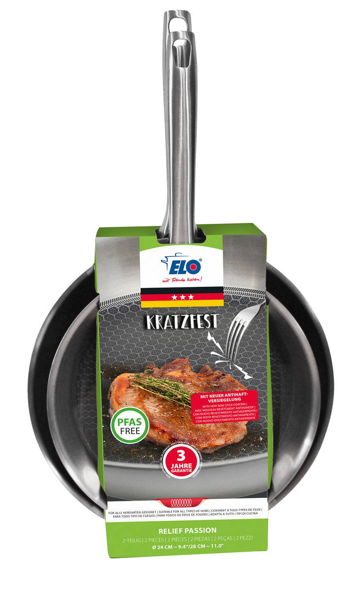 Set de 2 poêles 24 et 28 cm en acier inoxydable et revêtement sans PFAS Elo Relief Passion