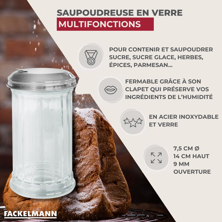 Ensemble de 2 Saupoudreuses en verre et couvercle inox 14 cm Fackelmann Basic