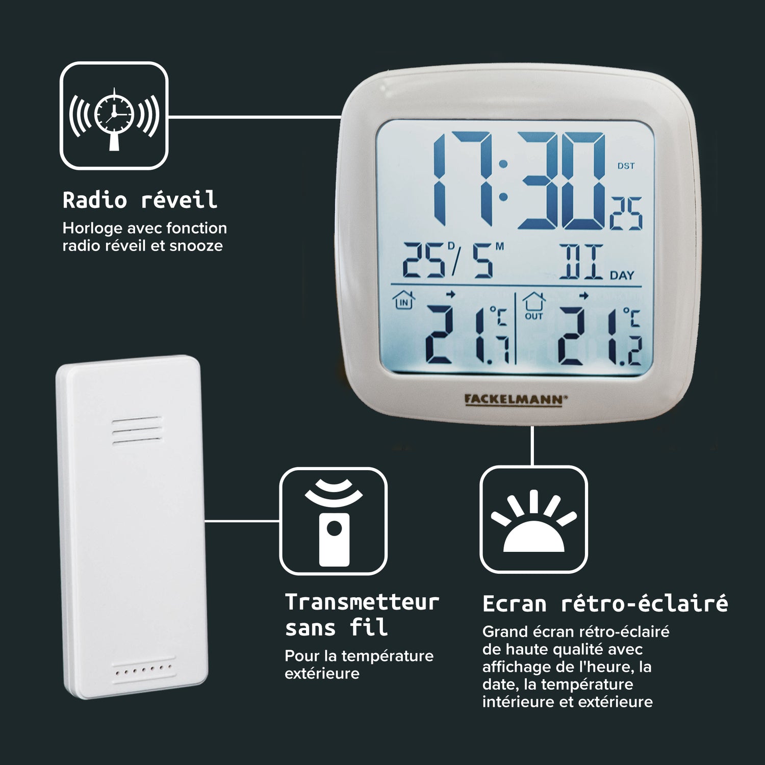 Thermomètre numérique radio-réveil Fackelmann Tecno