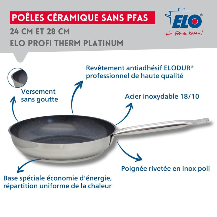 Set de 3 Poêles 24, 28 et 32 cm céramique sans PFAS et 3 couvercles Profi Therm Platinum Elo
