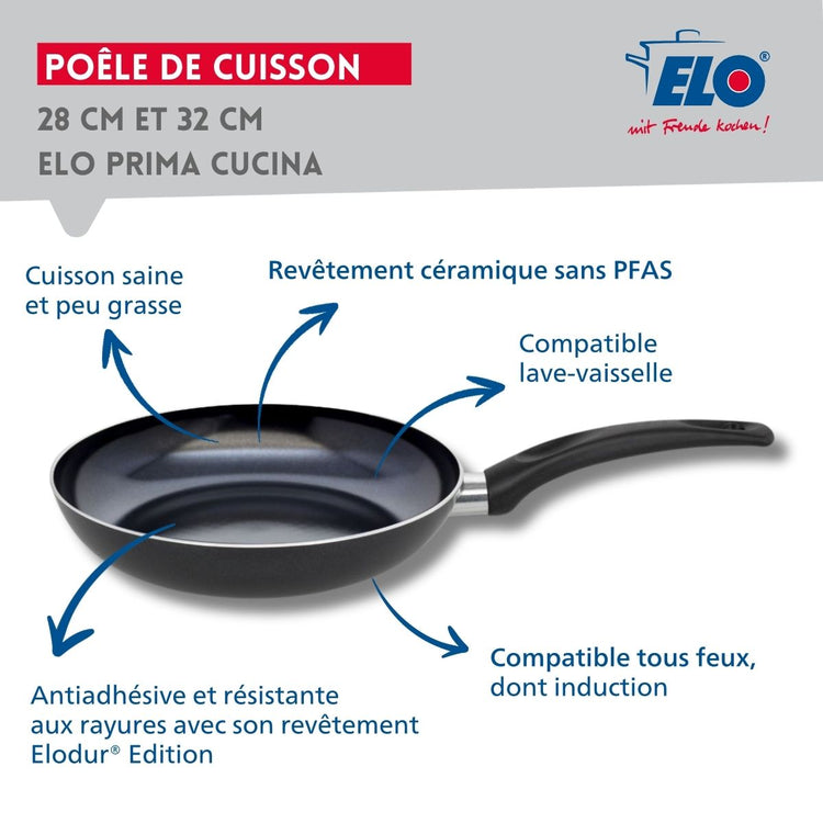 Set de 2 Poêles 28 et 32 cm céramique sans PFAS et 2 couvercles Elo Prima Cucina