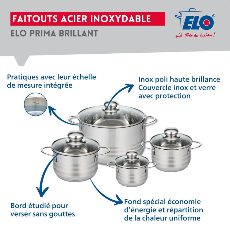 Ensemble de 3 Poêles de cuisson 20, 24 et 32 cm et 4 faitouts 12, 14, 16 et 24 cm Elo Prima Brillant