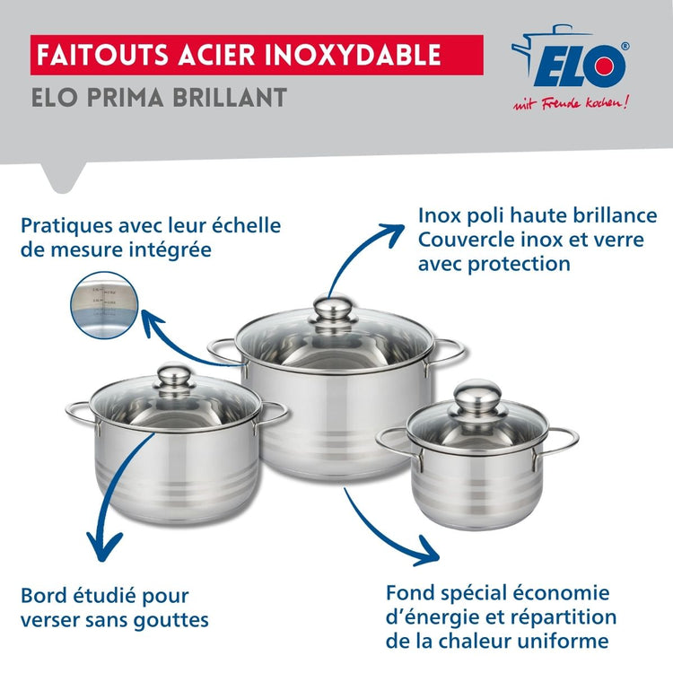Ensemble de 2 Poêles de cuisson 24 et 28 cm et 3 faitouts 16, 20 et 24 cm Elo Profi Brillant
