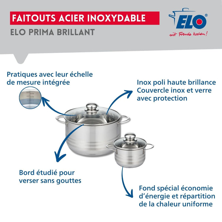 Ensemble de 2 Poêles de cuisson 28 et 32 cm et 2 faitouts 12 et 20 cm Elo Profi Brillant