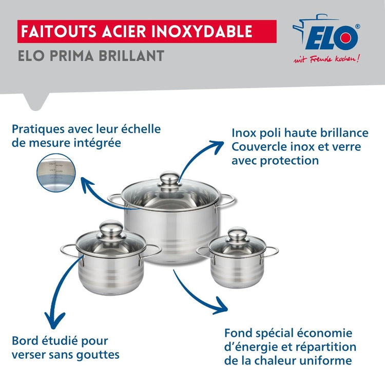 Ensemble de 2 Poêles de cuisson 28 et 32 cm et 3 faitouts 12, 14 et 20 cm Elo Profi Brillant
