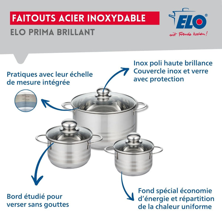 Ensemble de 2 Poêles de cuisson 28 et 32 cm et 3 faitouts 14, 16 et 24 cm Elo Profi Brillant