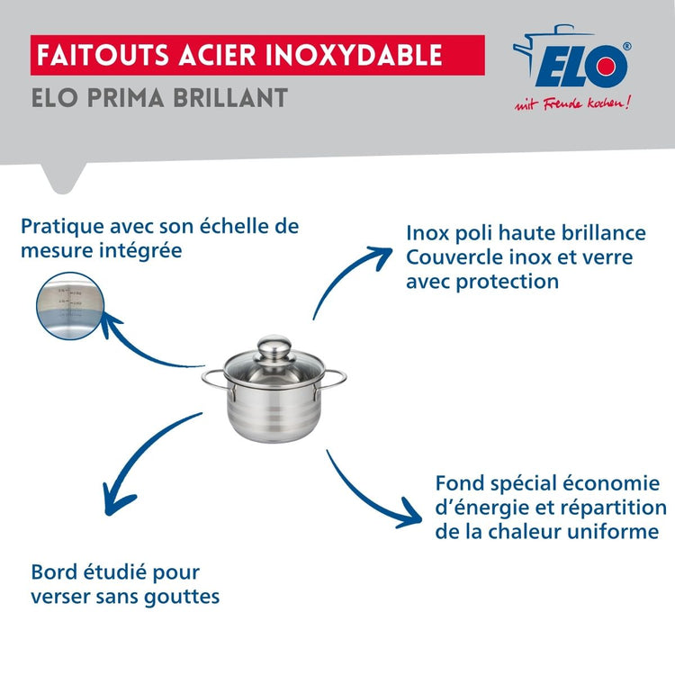 Ensemble de 3 Poêles de cuisson 24, 28 et 32 cm et 1 faitout 12 cm Elo Profi Brillant