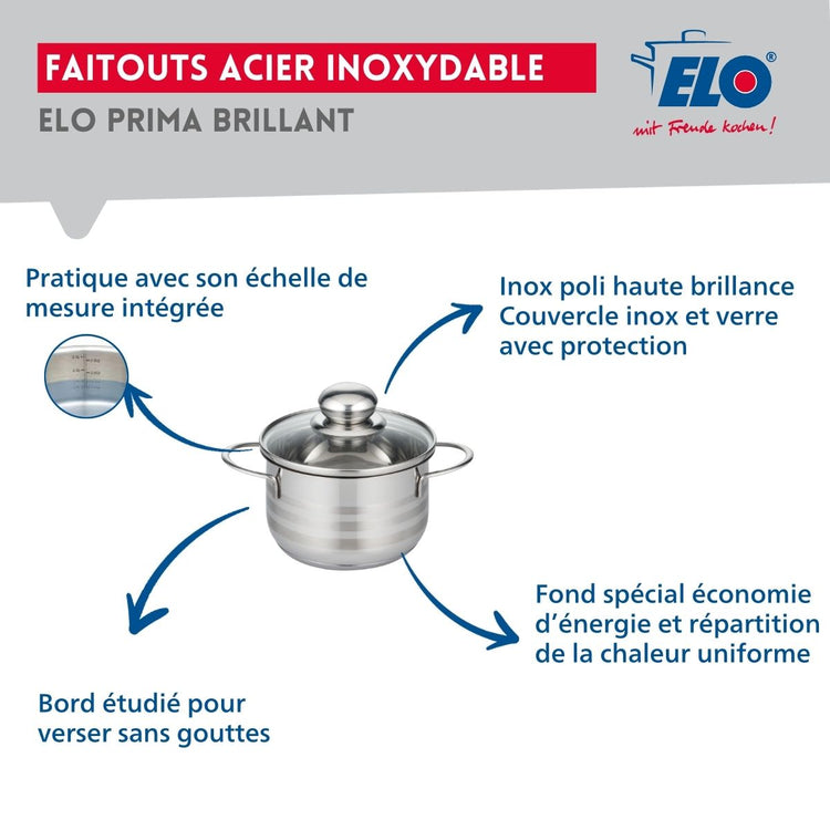 Ensemble de 3 Poêles de cuisson 24, 28 et 32 cm et 1 faitout 16 cm Elo Profi Brillant