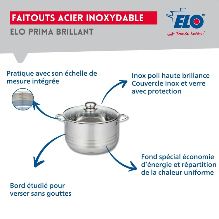 Ensemble de 3 Poêles de cuisson 24, 28 et 32 cm et 1 faitout 20 cm Elo Profi Brillant