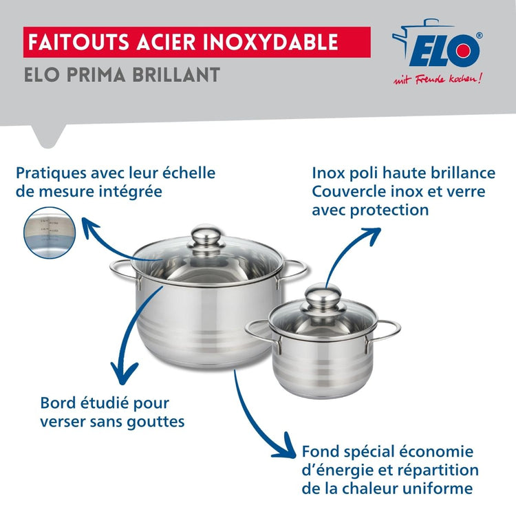 Ensemble de 3 Poêles de cuisson 24, 28 et 32 cm et 2 faitouts 16 et 24 cm Elo Profi Brillant