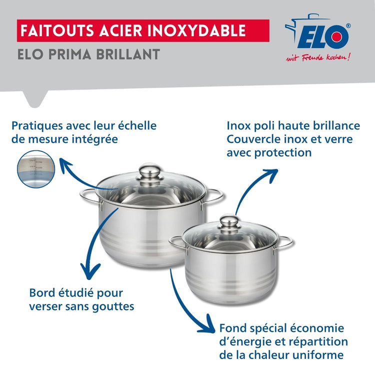 Ensemble de 3 Poêles de cuisson 24, 28 et 32 cm et 2 faitouts 20 et 24 cm Elo Profi Brillant