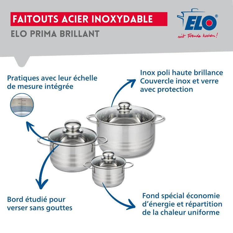 Ensemble de 3 Poêles de cuisson 24, 28 et 32 cm et 3 faitouts 12, 16 et 20 cm Elo Profi Brillant