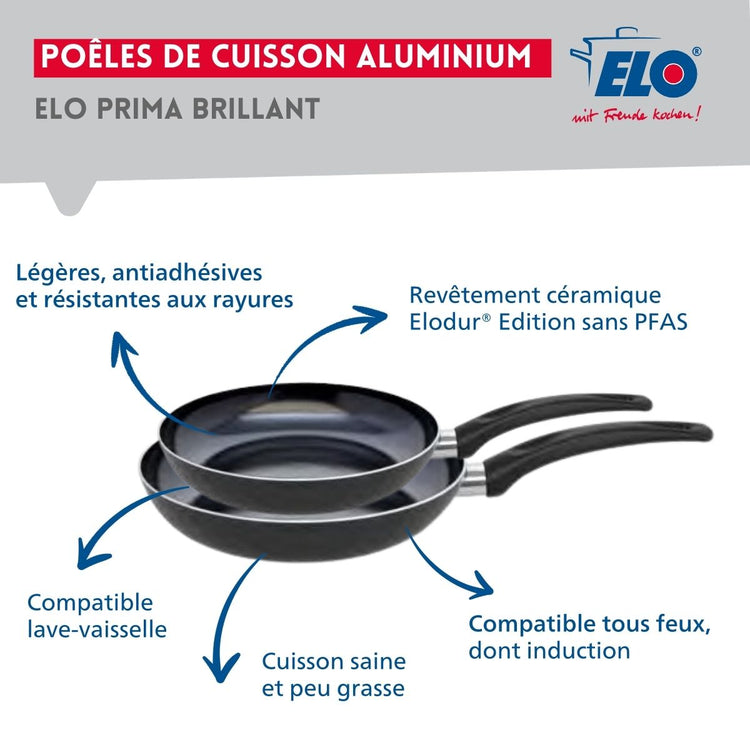 Ensemble de 2 Poêles de cuisson 28 et 32 cm et 4 faitouts 12, 14, 16 et 24 cm Elo Prima Brillant