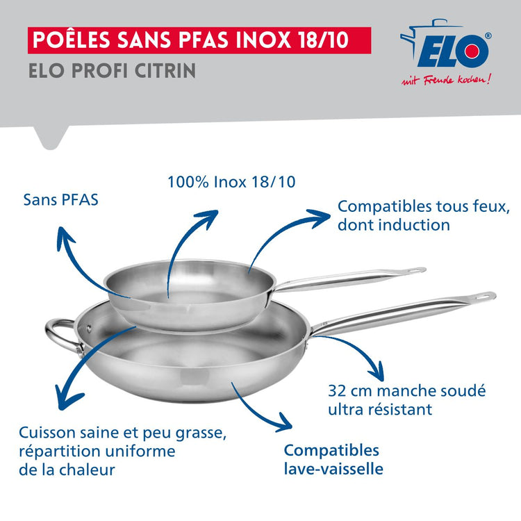 Ensemble de 2 Poêles de cuisson 24 et 32 cm et 1 faitout 14 cm Elo Profi Brillant