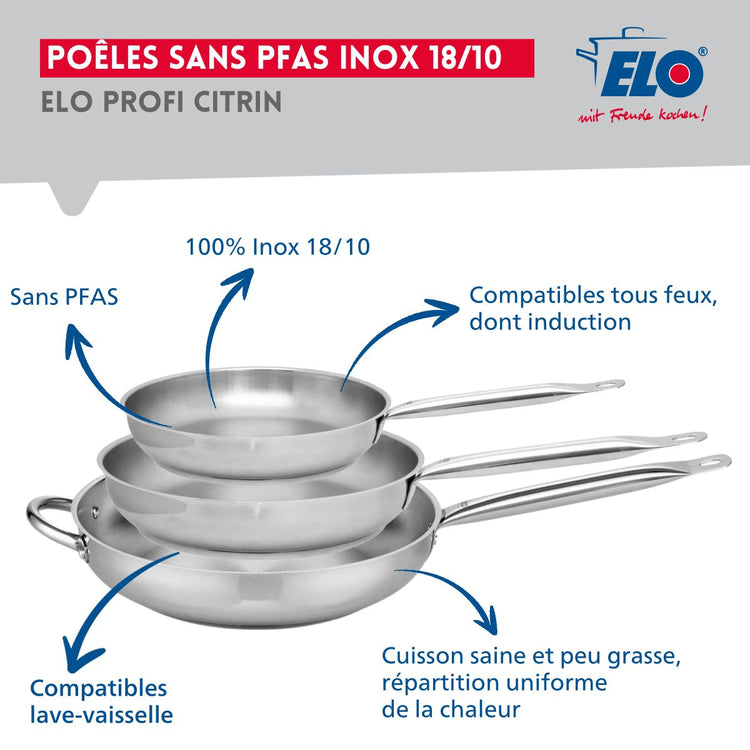 Ensemble de 3 Poêles de cuisson 24, 28 et 32 cm et 3 faitouts 12, 14 et 20 cm Elo Profi Brillant