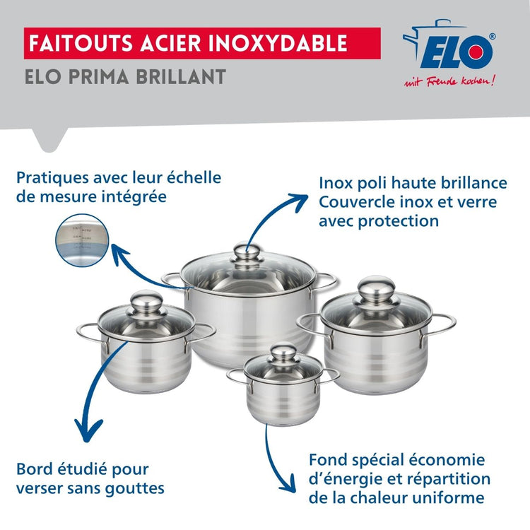 Ensemble de 2 Poêles de cuisson 24 et 28 cm et 4 faitouts 12, 14, 16 et 20 cm Elo Profi Brillant