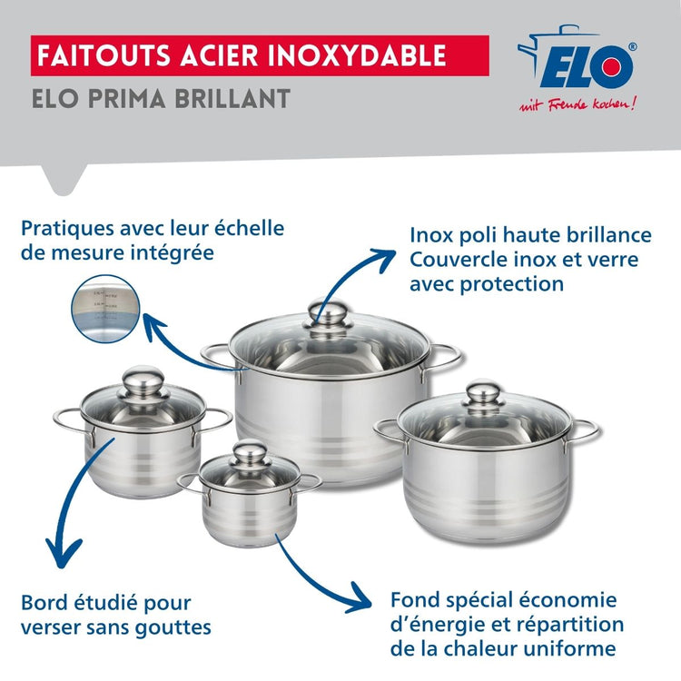 Ensemble de 2 Poêles de cuisson 24 et 32 cm et 4 faitouts 12, 14, 20 et 24 cm Elo Profi Brillant