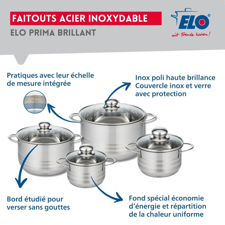 Ensemble de 2 Poêles de cuisson 28 et 32 cm et 4 faitouts 14, 16, 20 et 24 cm Elo Profi Brillant