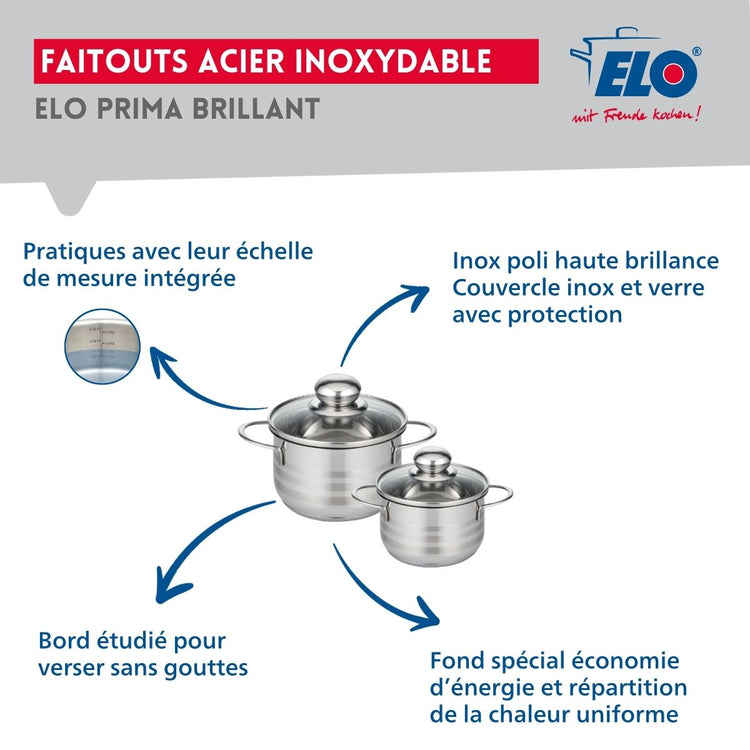 Ensemble de 3 Poêles de cuisson 24, 28 et 32 cm et 2 faitouts 12 et 14 cm Elo Profi Brillant