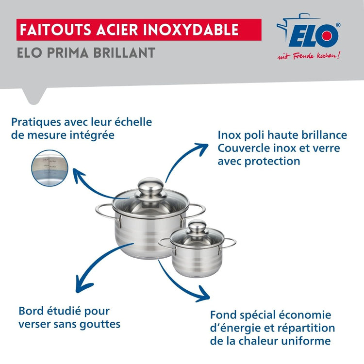 Ensemble de 3 Poêles de cuisson 24, 28 et 32 cm et 2 faitouts 12 et 16 cm Elo Profi Brillant