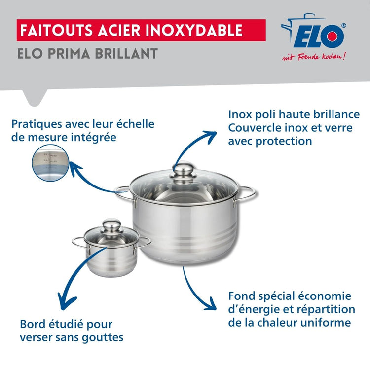 Ensemble de 3 Poêles de cuisson 24, 28 et 32 cm et 2 faitouts 12 et 24 cm Elo Profi Brillant