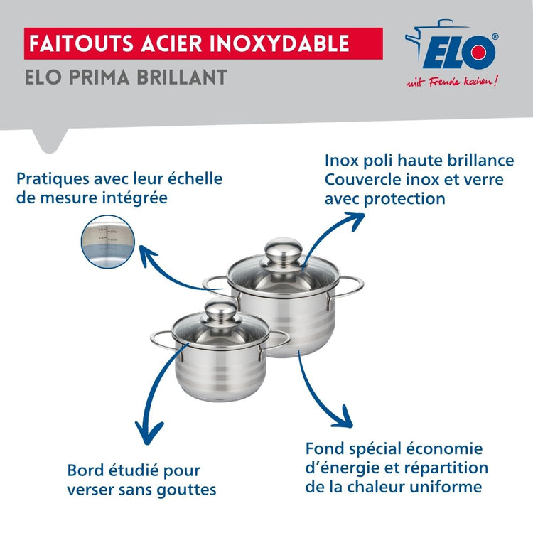 Ensemble de 3 Poêles de cuisson 24, 28 et 32 cm et 2 faitouts 14 et 16 cm Elo Profi Brillant