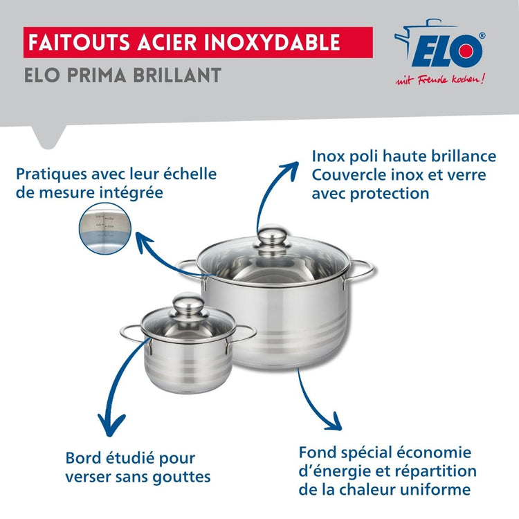 Ensemble de 3 Poêles de cuisson 24, 28 et 32 cm et 2 faitouts 14 et 24 cm Elo Profi Brillant