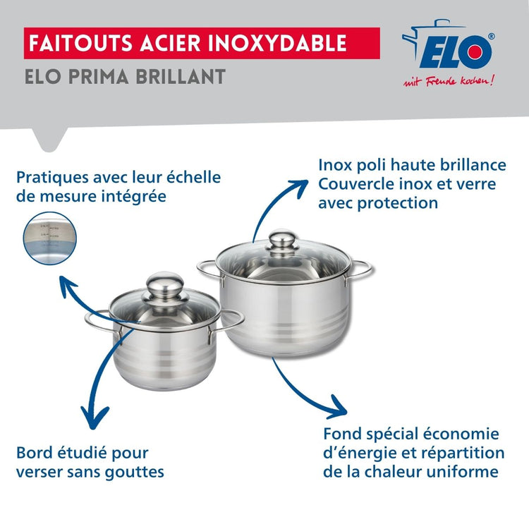 Ensemble de 3 Poêles de cuisson 24, 28 et 32 cm et 2 faitouts 16 et 20 cm Elo Profi Brillant