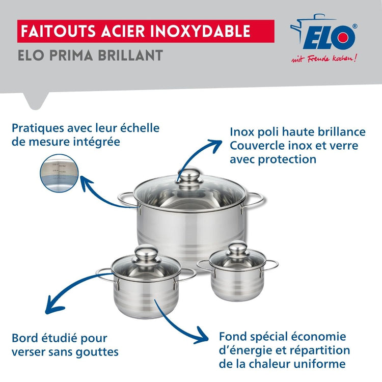 Ensemble de 3 Poêles de cuisson 24, 28 et 32 cm et 3 faitouts 12, 14 et 24 cm Elo Profi Brillant