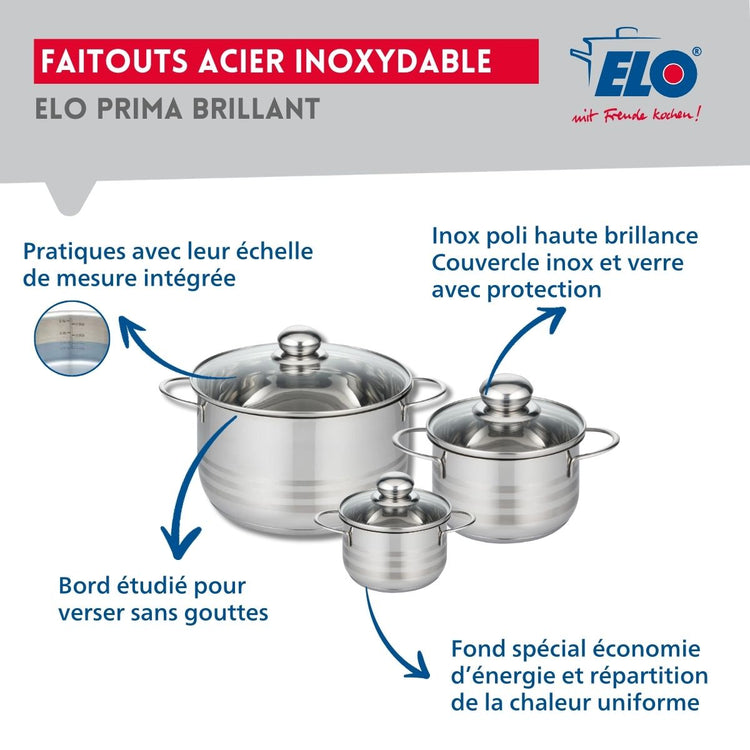 Ensemble de 3 Poêles de cuisson 24, 28 et 32 cm et 3 faitouts 12, 16 et 24 cm Elo Profi Brillant