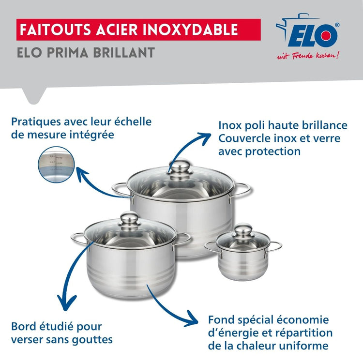Ensemble de 3 Poêles de cuisson 24, 28 et 32 cm et 3 faitouts 12, 20 et 24 cm Elo Profi Brillant