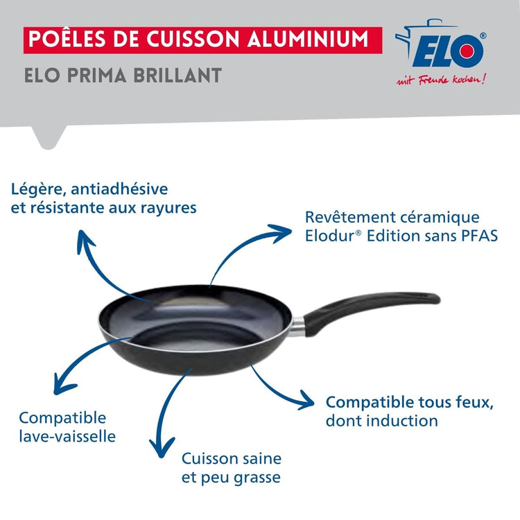 Ensemble de 1 Poêle de cuisson 28 cm et 2 faitouts 16 et 24 cm Elo Prima Brillant