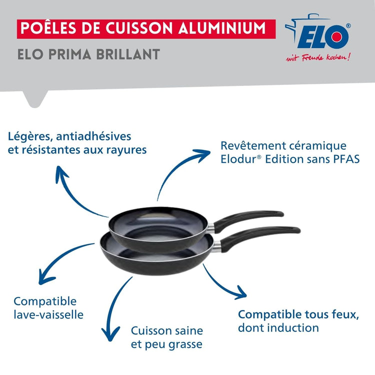 Ensemble de 2 Poêles de cuisson 20 et 24 cm et 3 faitouts 12, 14 et 16 cm Elo Prima Brillant