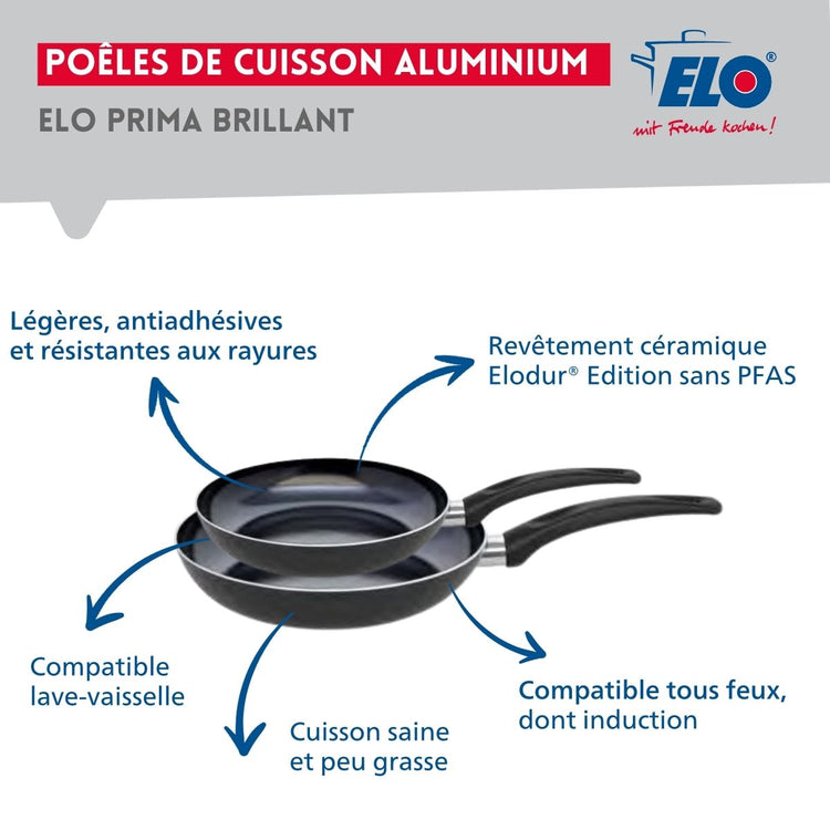 Ensemble de 2 Poêles de cuisson 24 et 28 cm et 2 faitouts 14 et 24 cm Elo Prima Brillant