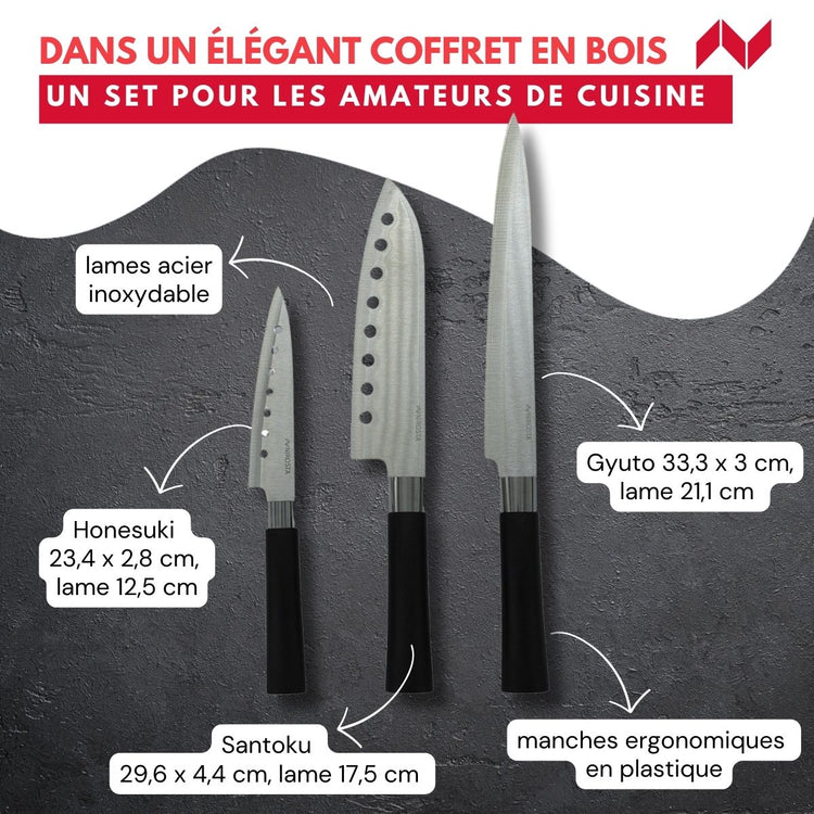 Coffret de 3 couteaux style Japonais en acier Santoku, Gyuto et Honesuki