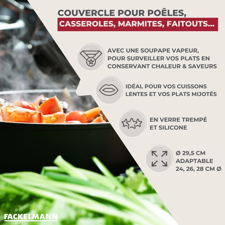 Couvercle de cuisson adaptable de 24 à 28 cm en verre et silicone Fackelmann