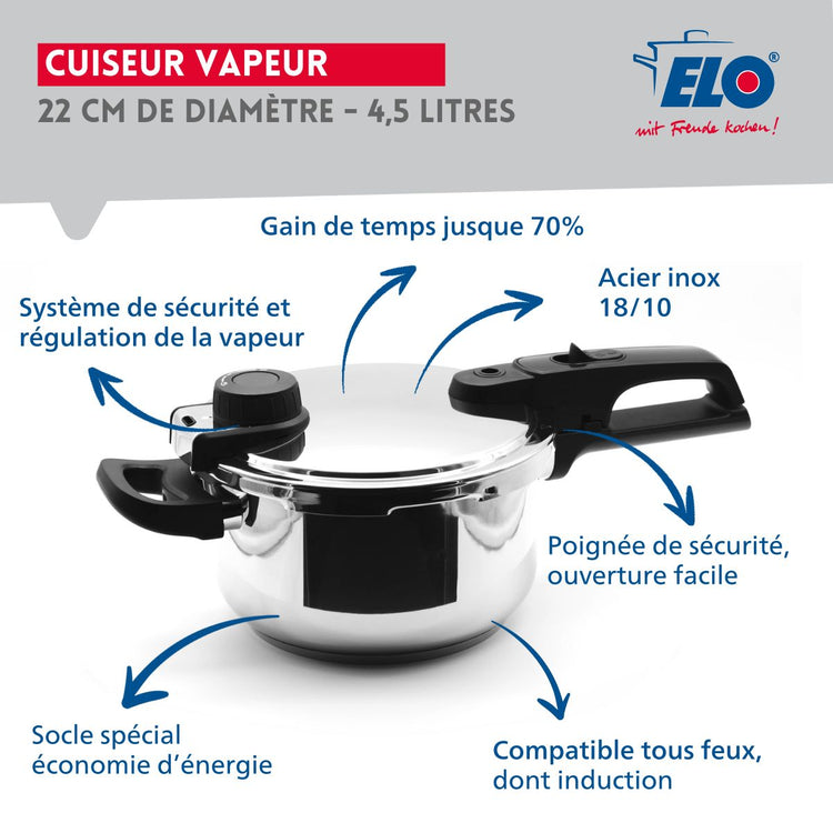 Autocuiseur vapeur en acier inoxydable 18/10 22 cm 4,5 litres Elo Mistral Premium