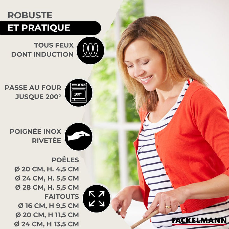 Batterie de cuisine avec 3 faitouts 16/20/24 cm et 3 poêles 20/24/28 cm avec 5 ustensiles de cuisine Fackelmann Etherna Brillant Fenix Océan