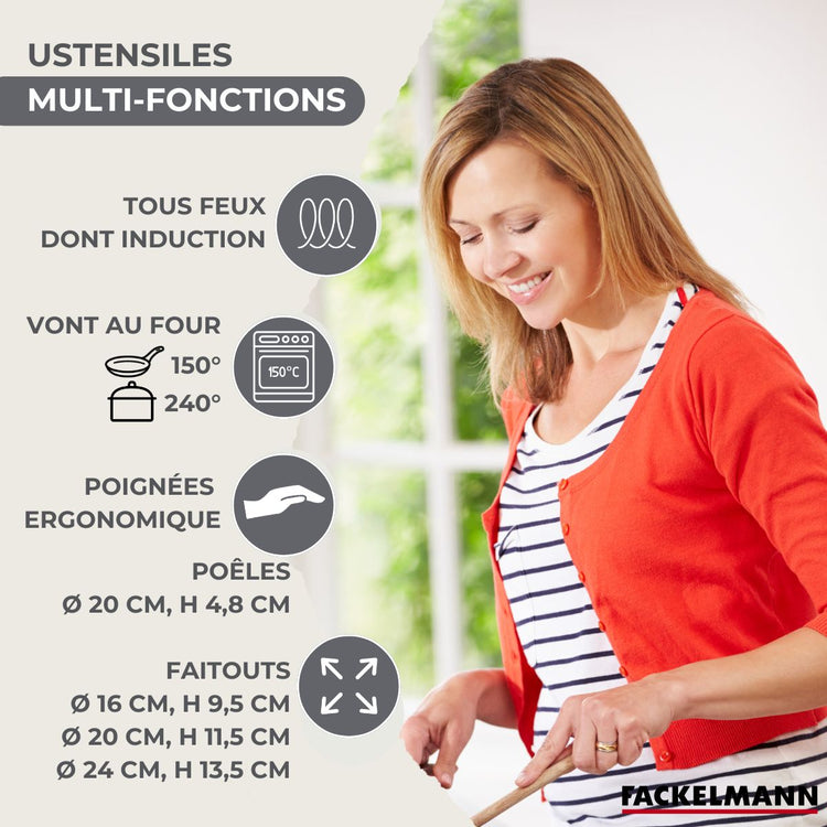 Batterie de cuisine avec 3 faitouts 16/20/24 cm et 1 poêle 20 cm avec 6 ustensiles de cuisine Fackelmann Généva Brillant Ocean avec couvercles