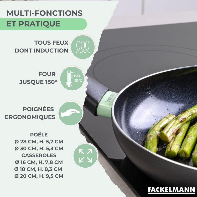 Batterie de cuisine avec 2 poêles 28/30 cm et 3 casseroles 16/18/20 cm avec 5 ustensiles de cuisine Fackelmann Brandao Océan