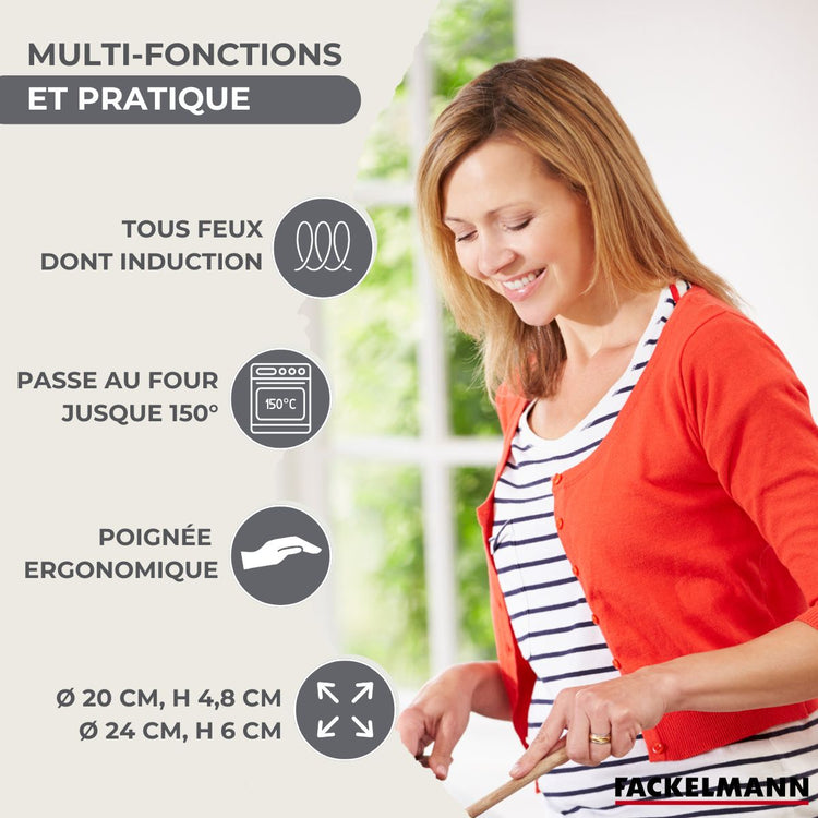 Lot Poêles inox 20/24 cm Fackelmann Geneva avec couvercles et 5 ustensiles
