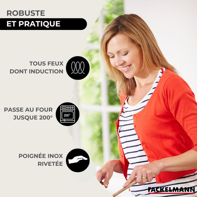 Batterie de cuisine avec 3 faitouts 16/20/24 cm et 3 poêles 20/24/28 cm avec 5 ustensiles de cuisine sans PFAS Fackelmann Etherna Brillant Clip