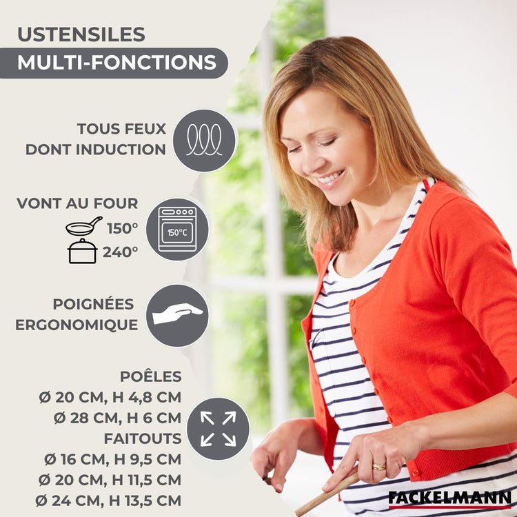 Batterie de cuisine avec 3 faitouts 16/20/24 cm et 2 poêles 20/28 cm avec 5 ustensiles de cuisine sans PFAS Fackelmann Généva Brillant Vario