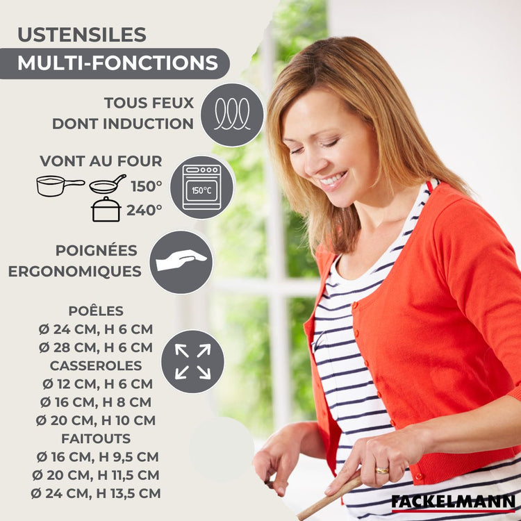 Batterie cuisine 2 poêles 24/28 cm 3 faitouts 16/20/24 cm 3 casseroles 12/16/20 cm 5 ustensiles Fackelmann Geneva