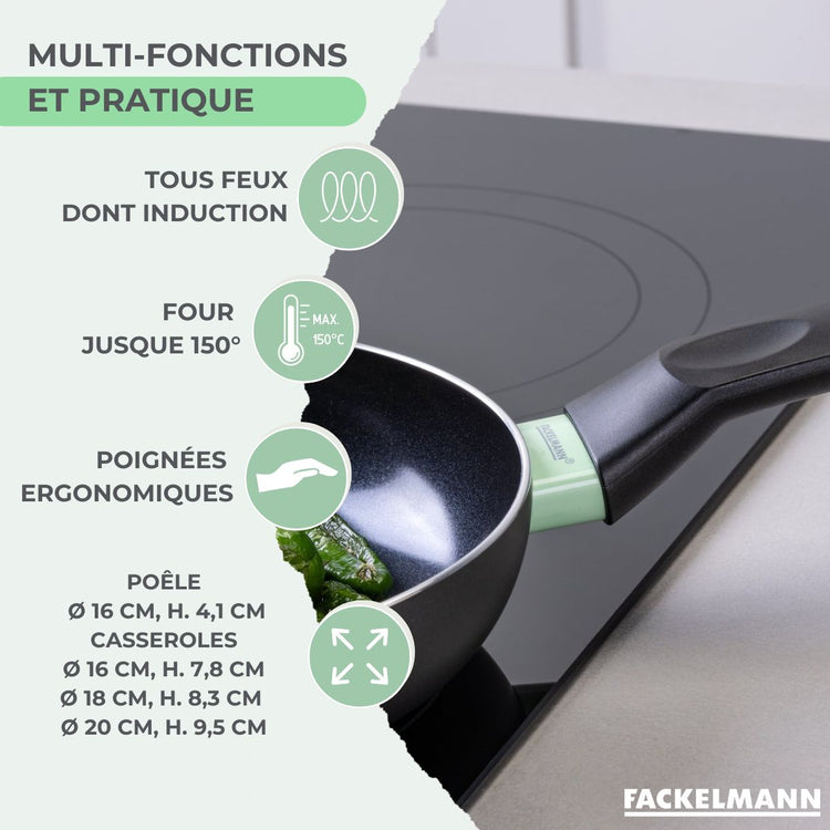 Poêle 16cm et 3 Casseroles 16/18/20cm sans PFAS Fackelmann Brandao avec 5 ustensiles Vario