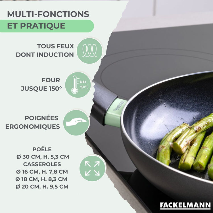 Batterie de cuisine avec 1 poêle 30 cm et 3 casseroles 16/18/20 cm et 5 ustensiles de cuisine Fackelmann Brandao Vario