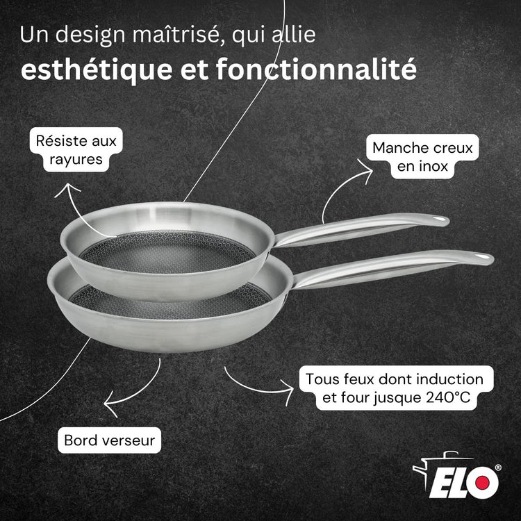 Set de 2 poêles de cuisson 24/28 cm en inox avec revêtement antiadhésif sans PFAS Elo Relief Solution