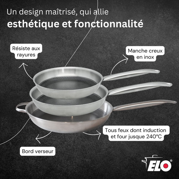 Set de 3 poêles de cuisson 24/28/32 cm en acier inoxydable avec 3 ustensiles de cuisson sans PFAS Elo Relief Solution