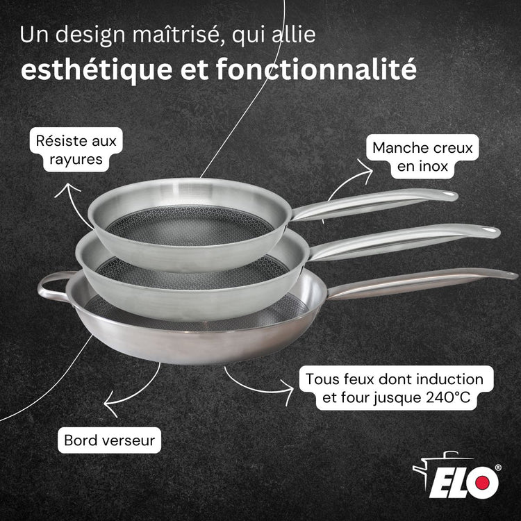 Lot de 3 poêles 24, 28 et 32 cm et couvercles Elo Relief Solutions sans PFAS