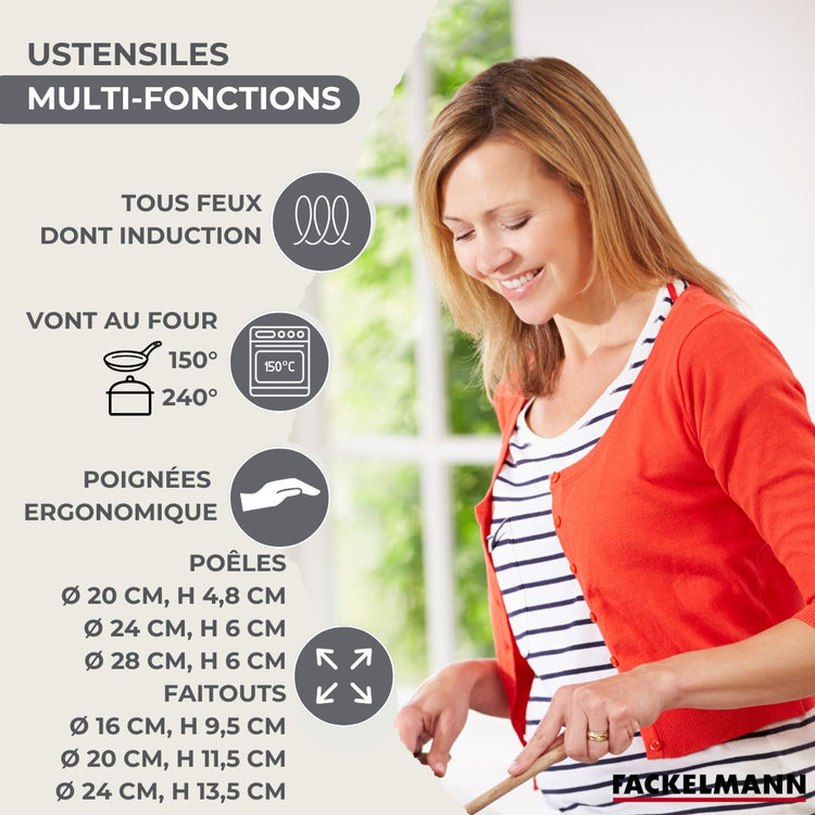 Set de 3 poêles 20 24 28 cm en inox, couvercles verres, 3 faitouts inox 16, 20 et 24 cm et 6 ustensiles RPET Fackelmann Geneva